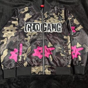 Green and Pink Bomber Jacket with Camouflage Pattern and GLO GANG Text
